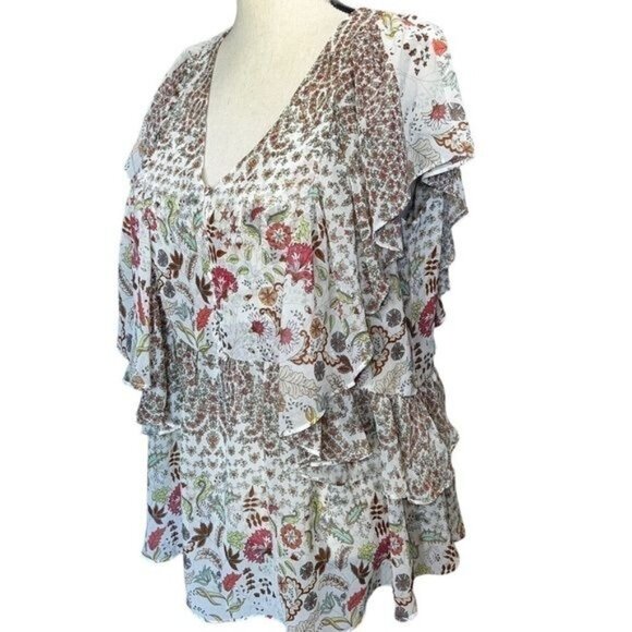 Matilda Jane Floral Ruffle Layered V-Neck Blouse With Sheer Sleeves Womens Small - Picture 2 of 14
